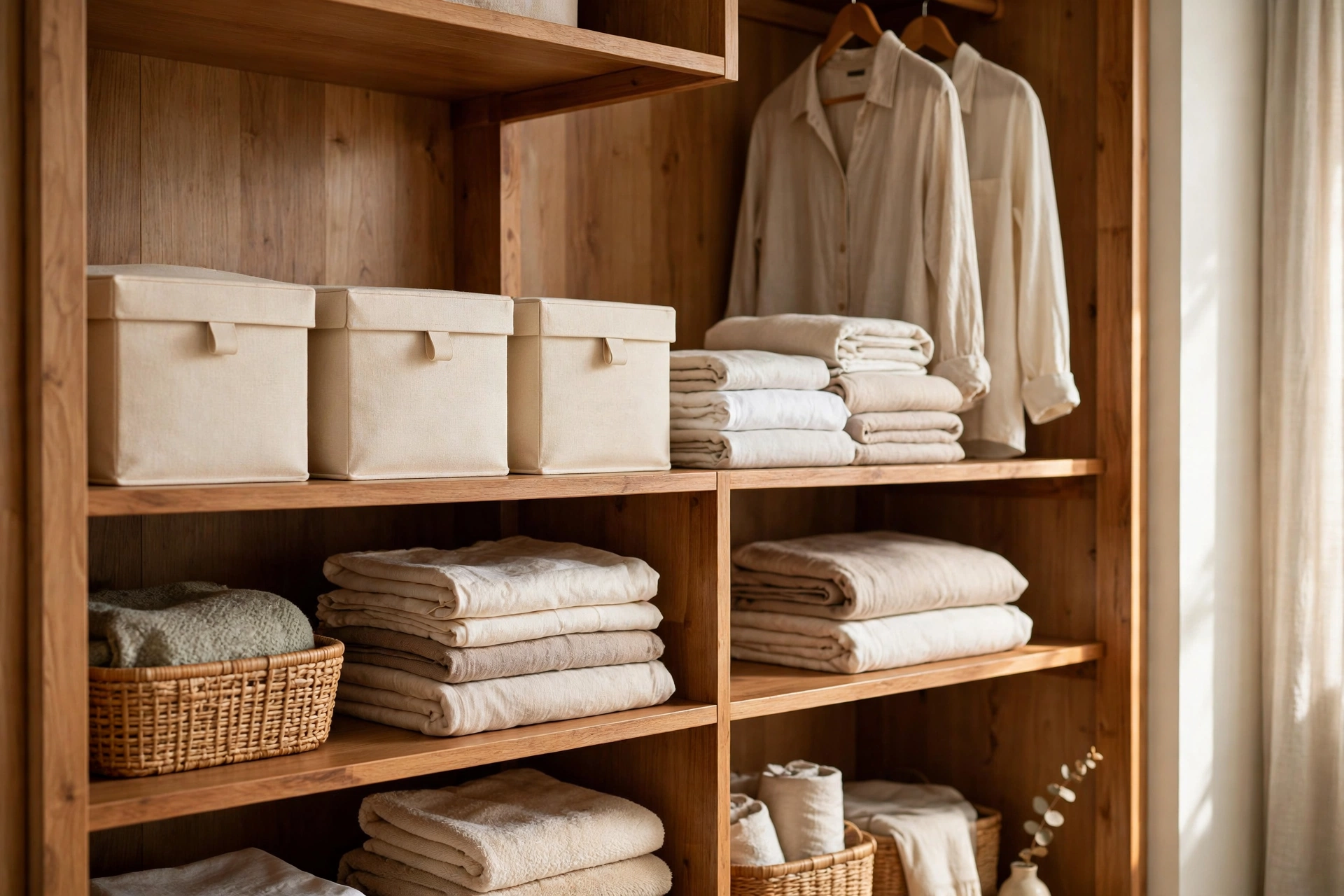 Cream fabric storage boxes with lids on open closet shelving