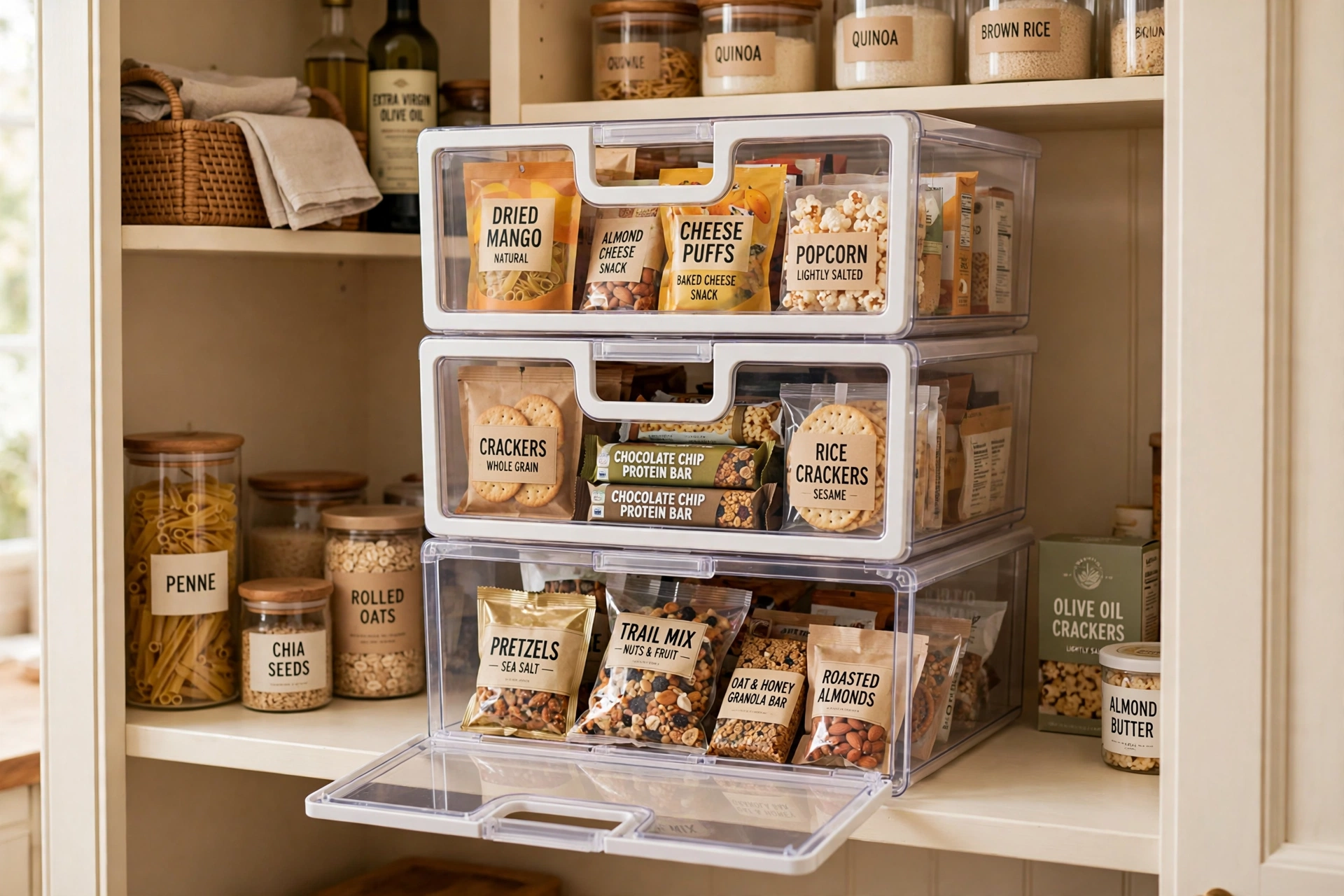 Front-opening stackable bins stacked in a pantry holding snacks