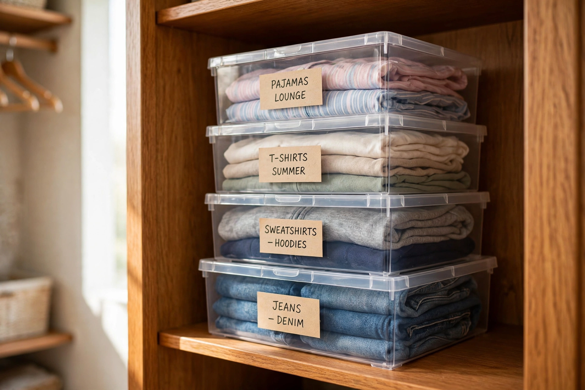 Stack of clear lidded storage bins with folded clothes on a closet shelf