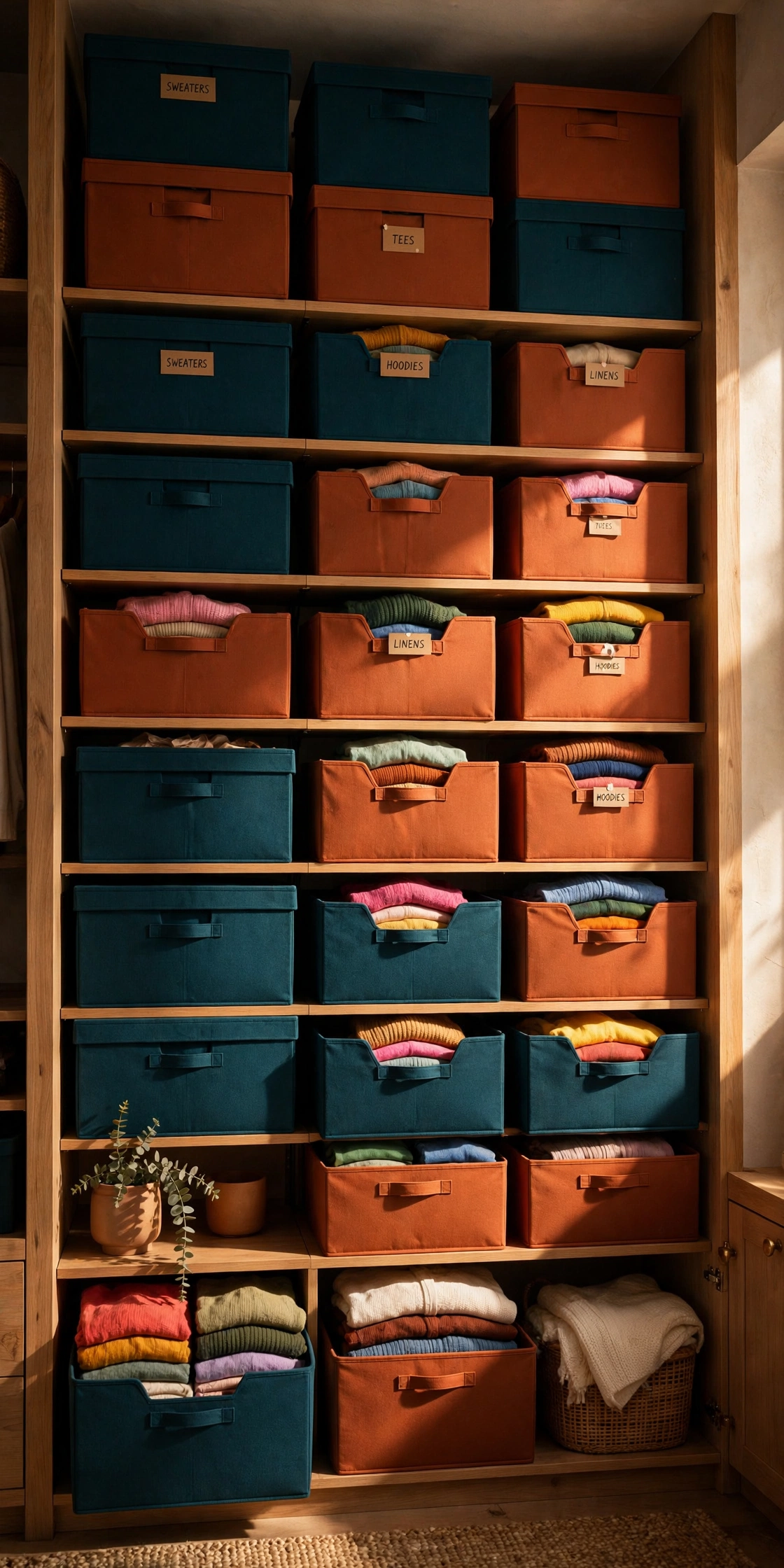 Tower of stacked storage bins in teal and terracotta in a closet, vertical pin