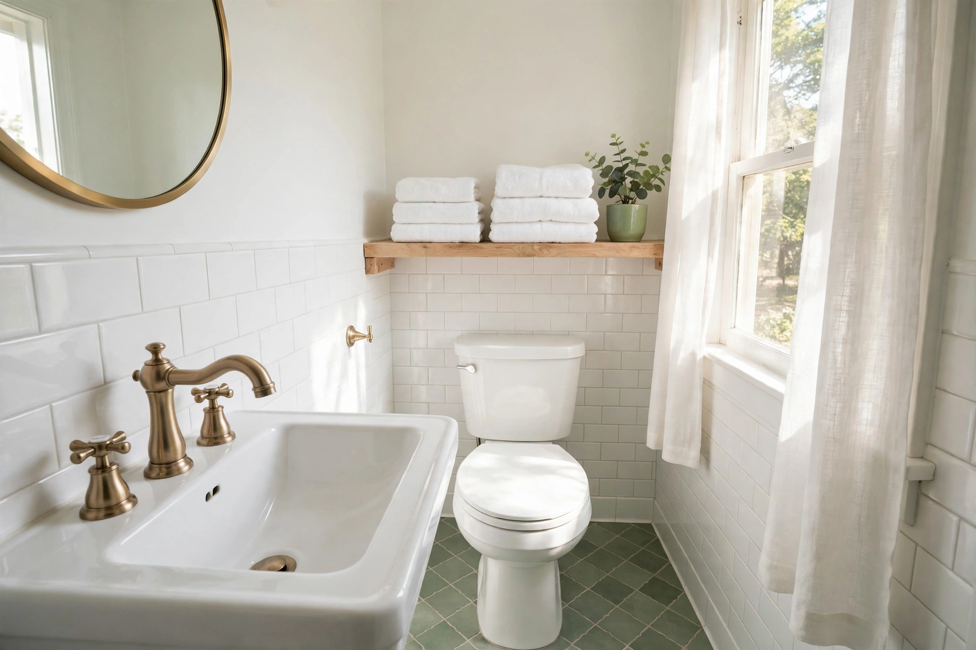 Small rental bathroom upgraded damage-free with sage green peel-and-stick floor tiles, brushed brass faucet and an over-toilet shelf with folded towels