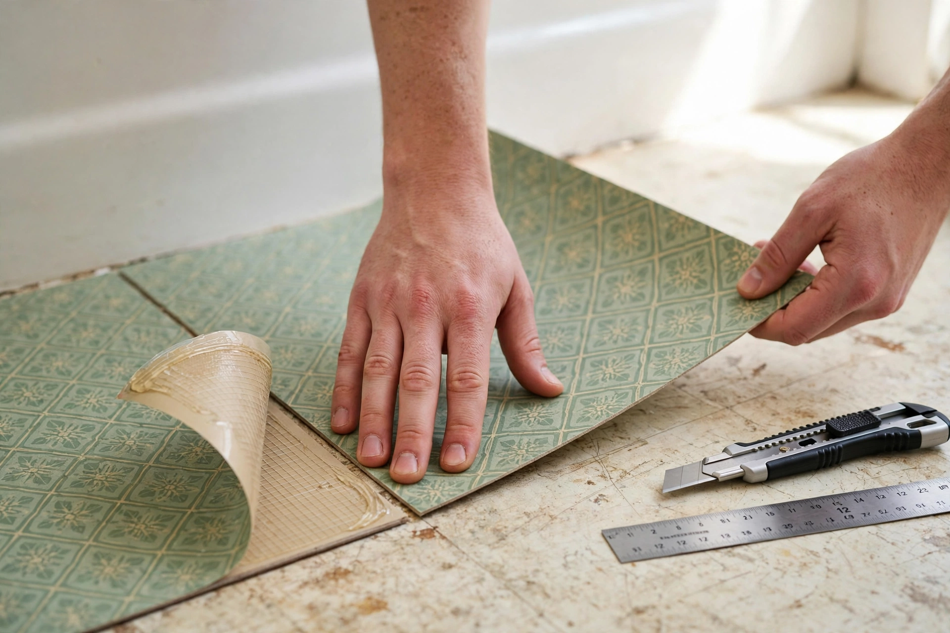 Hands laying sage green patterned peel-and-stick vinyl floor tiles over an old rental bathroom floor