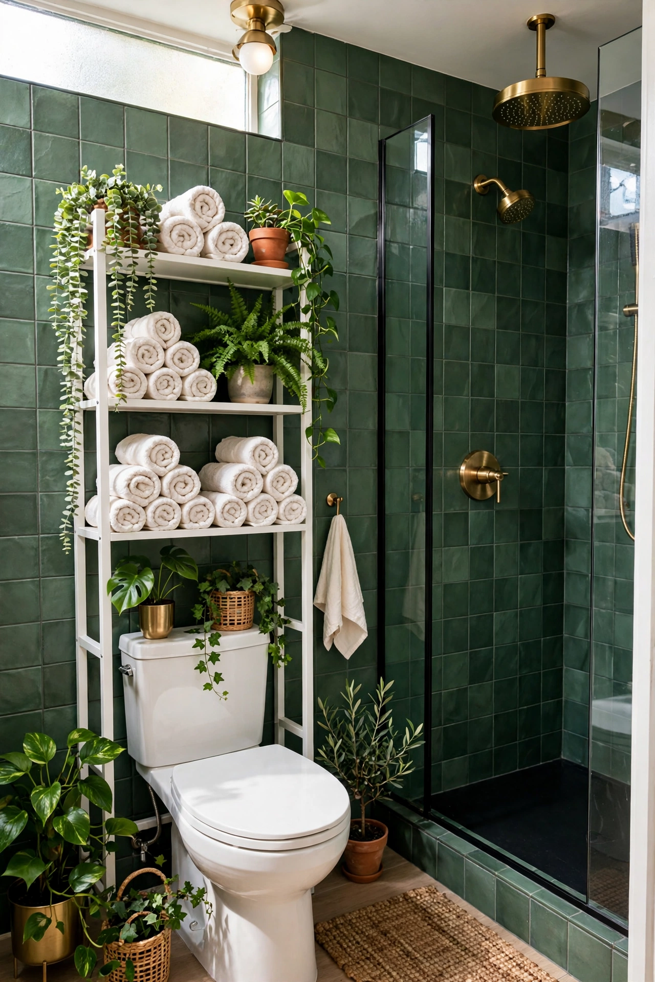 Bold sage green rental bathroom makeover with brass fixtures and over-toilet shelving, no drilling