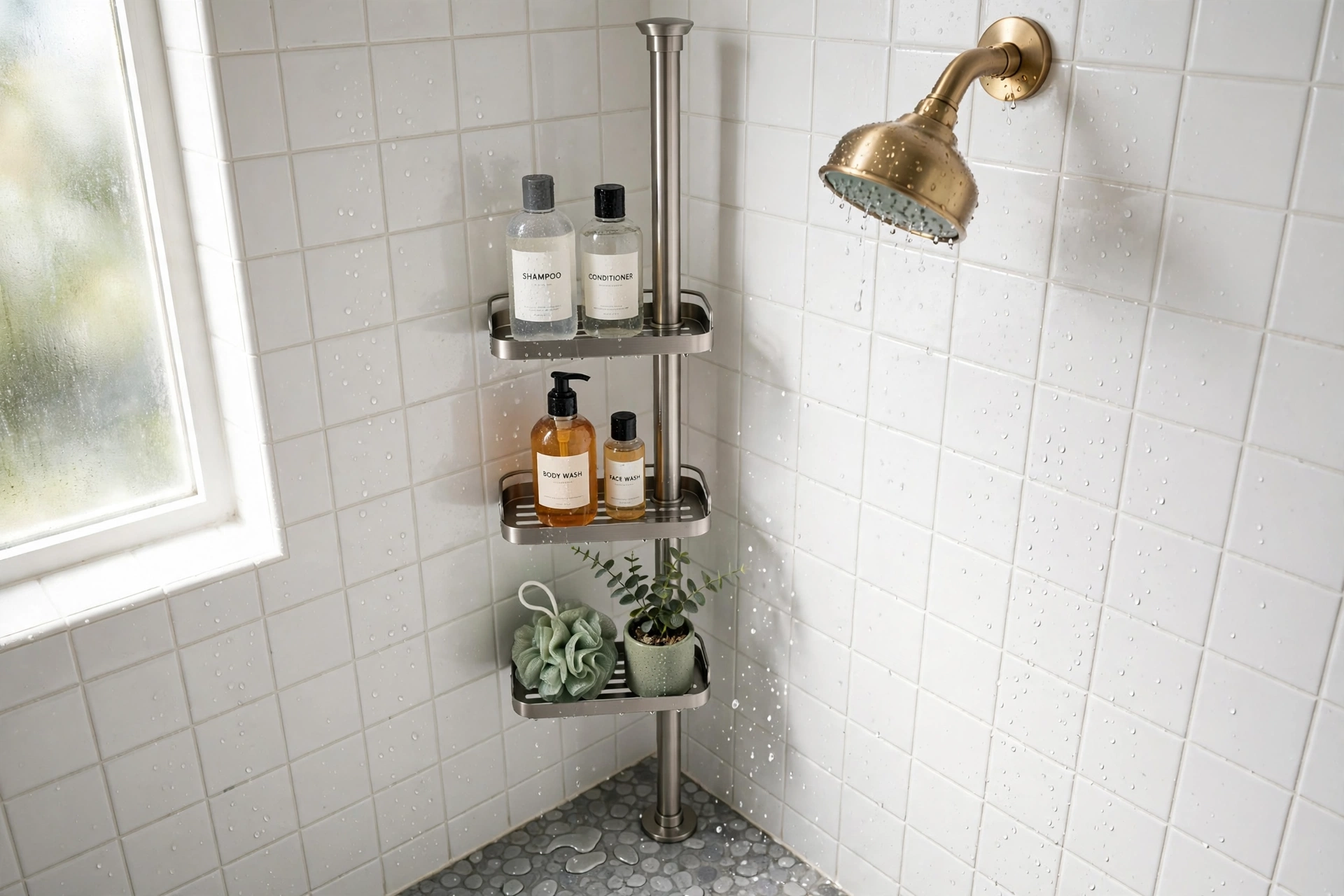 Tension pole shower caddy with shelves of bottles in the corner of a small white tiled shower