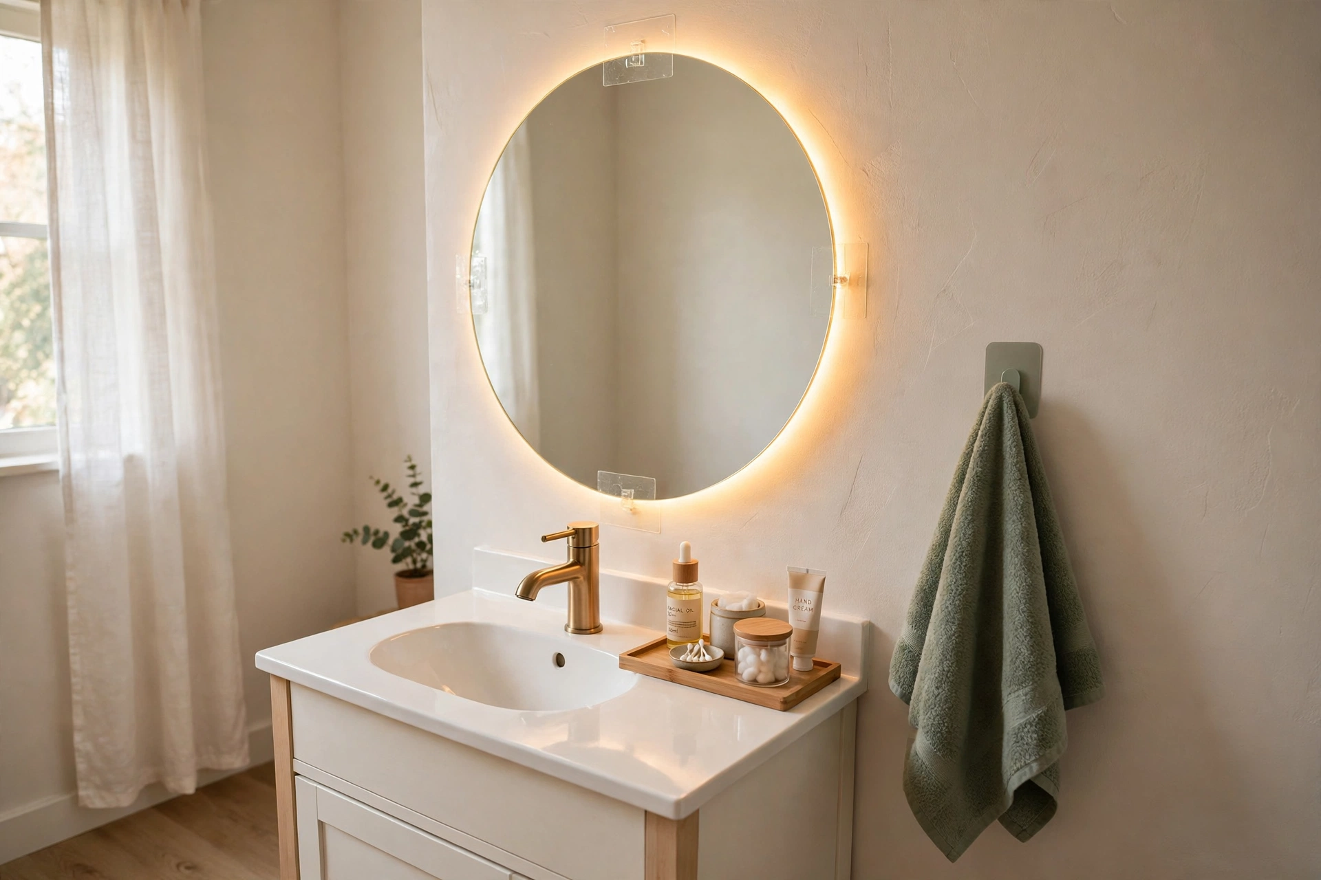 Rental bathroom vanity with a frameless mirror, warm adhesive LED strip lighting, brushed brass faucet and sage green towel
