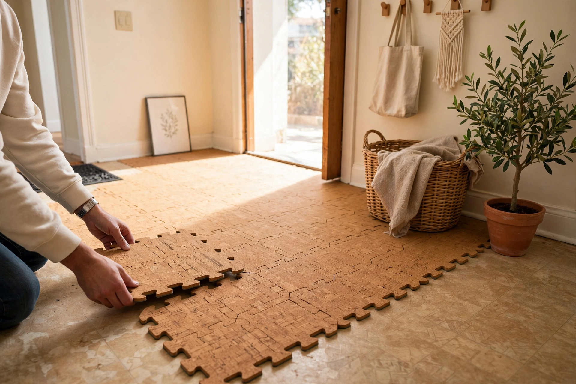 Sunlit apartment entryway with interlocking honey-cork floor tiles being clicked together over existing flooring