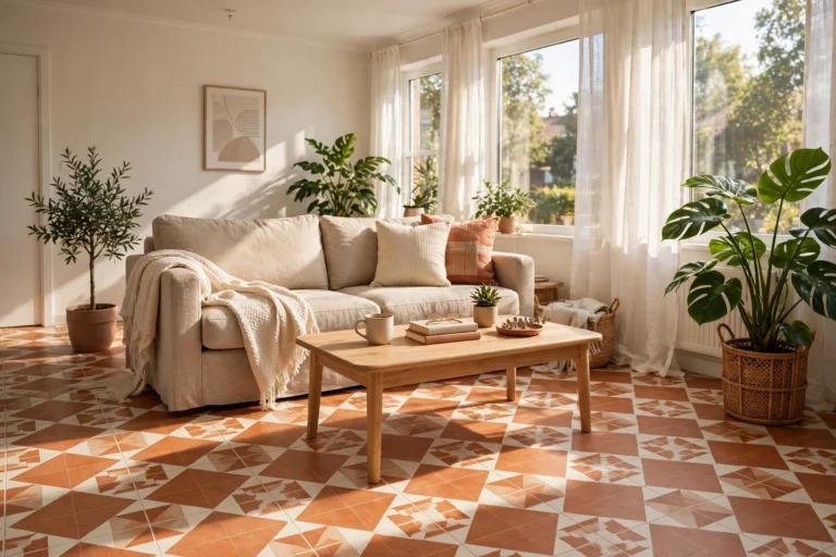 Bright rental living room with terracotta and cream patterned peel-and-stick vinyl floor tiles, oak coffee table and linen sofa