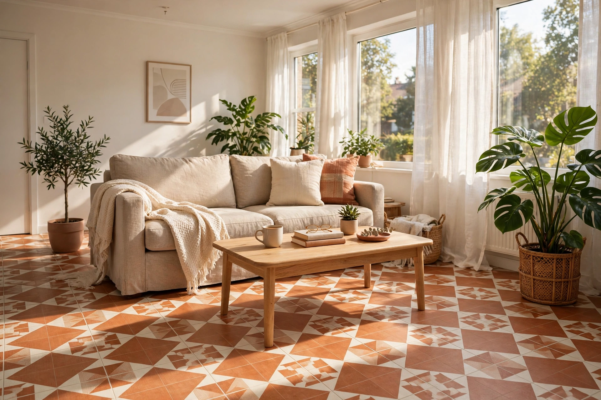 Bright rental living room with terracotta and cream patterned peel-and-stick vinyl floor tiles, oak coffee table and linen sofa