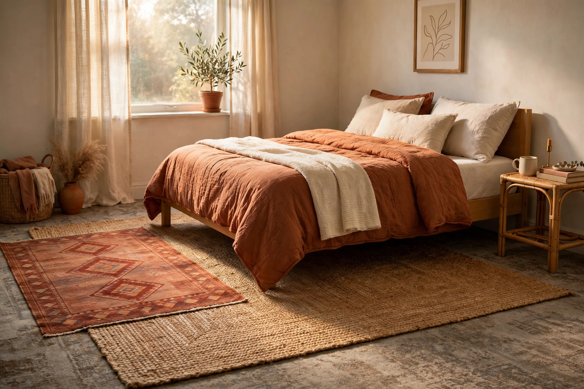 Cozy rental bedroom with layered jute and rust-colored washable rugs over old carpet beside a bed