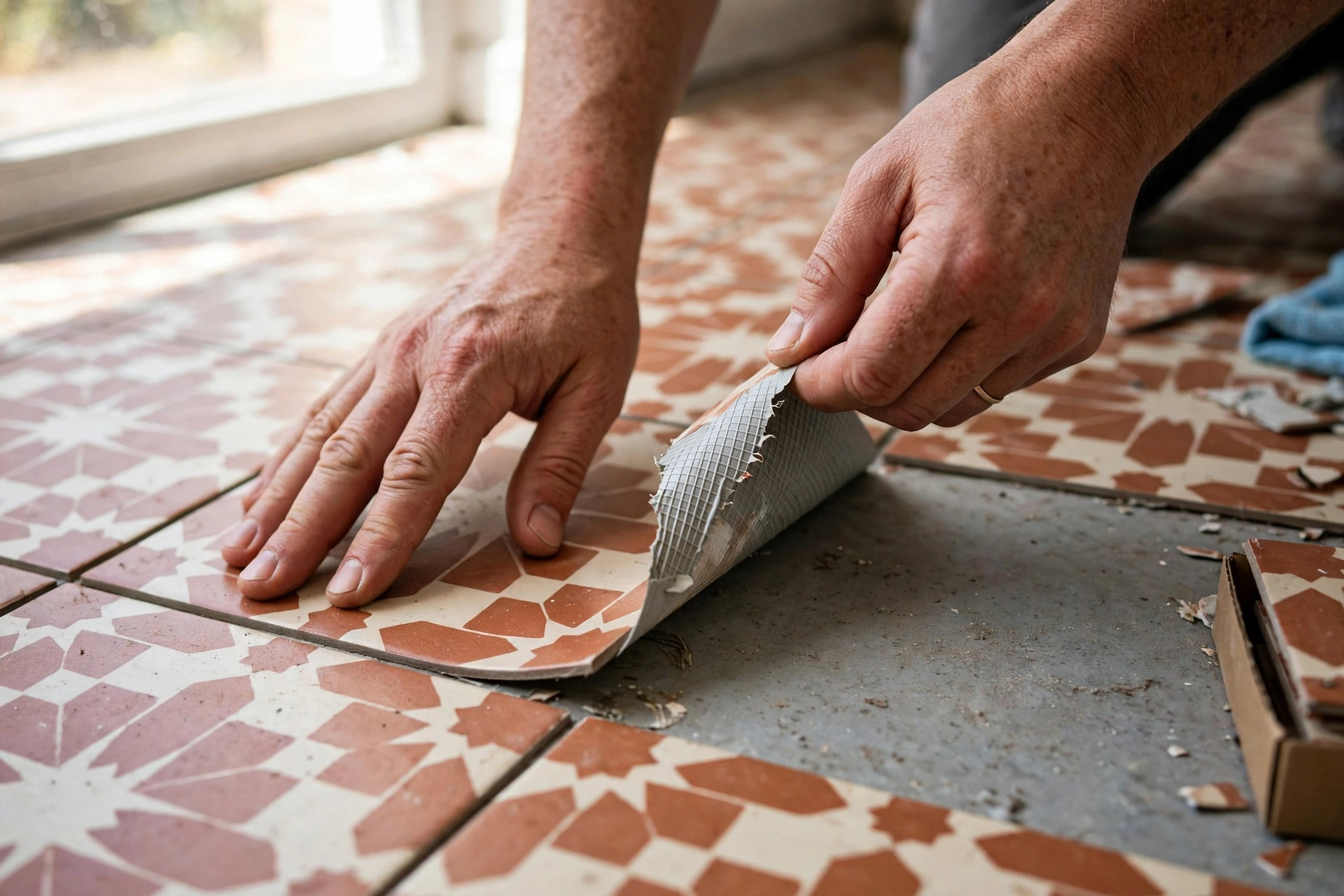 Hands laying terracotta patterned peel-and-stick vinyl floor tiles over dull grey rental flooring