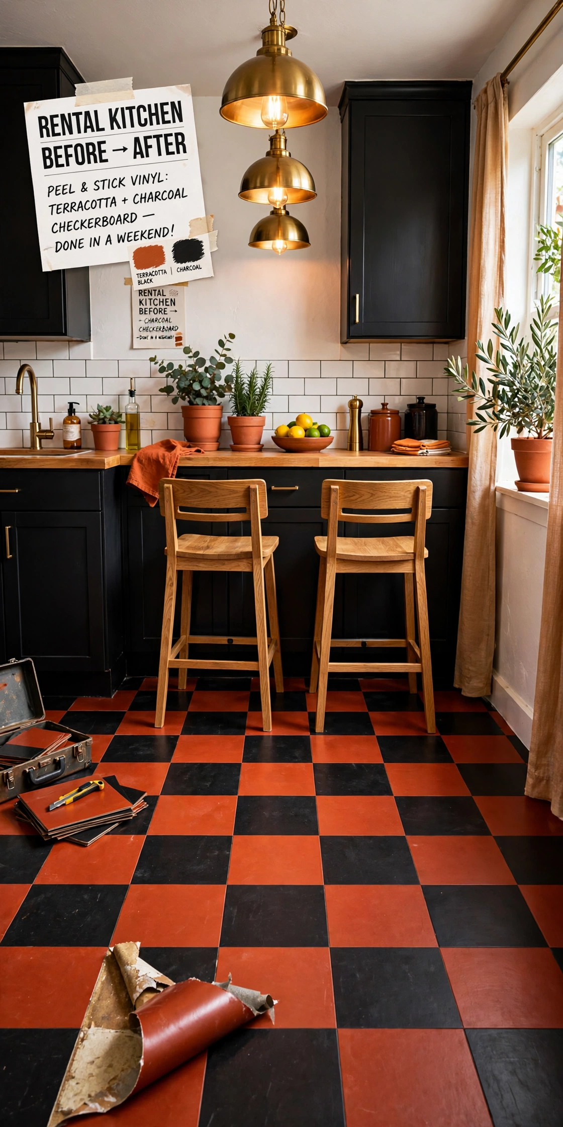 Bold vertical image of a rental kitchen floor makeover with terracotta and charcoal checkerboard peel-and-stick tiles