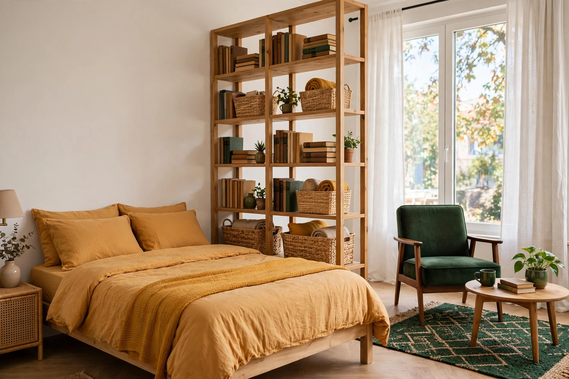 Open-backed wooden bookshelf used as a room divider between a bed and a living area in a small studio apartment