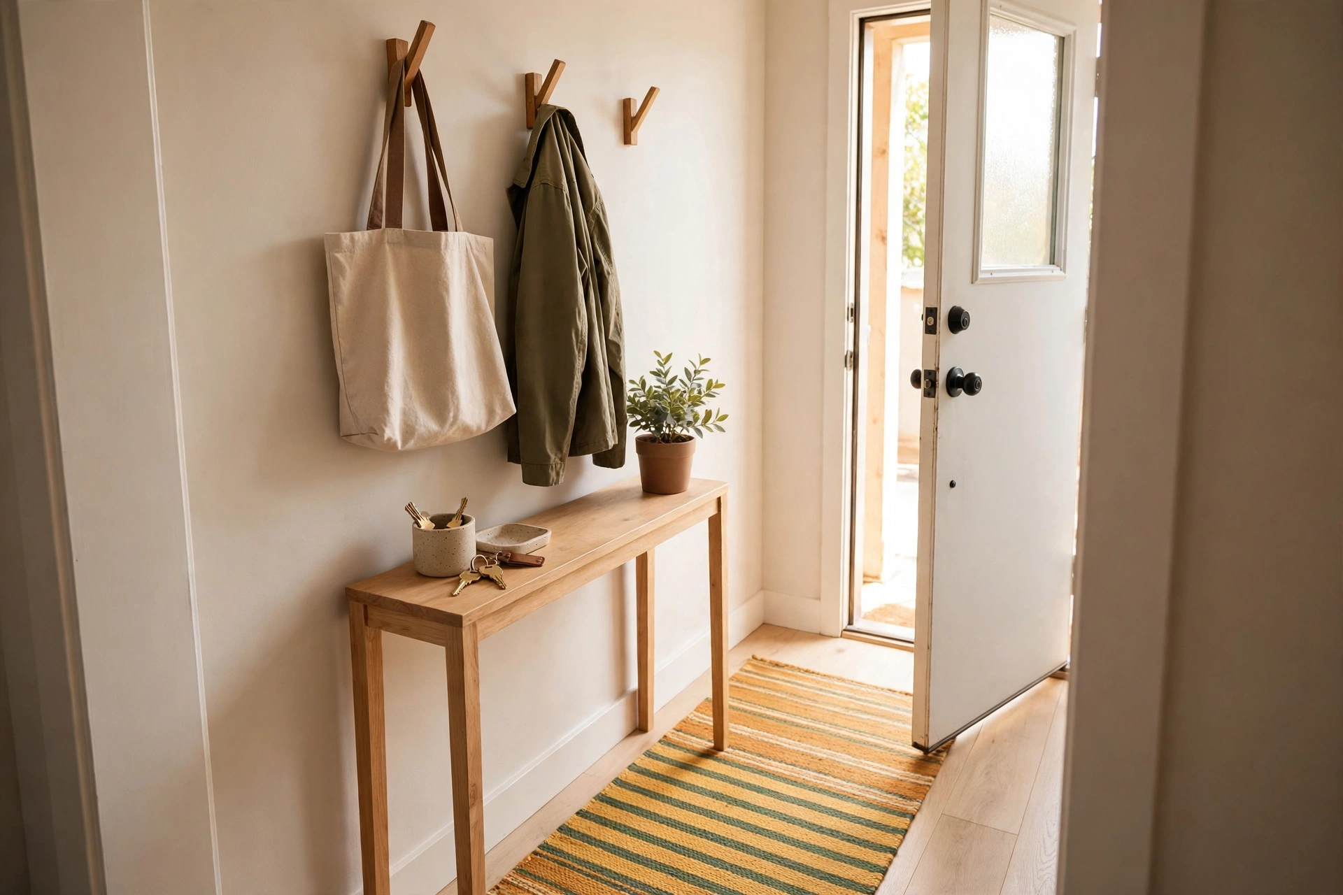 Slim entryway landing strip with console table, key tray, wall hooks, and runner rug inside a studio apartment