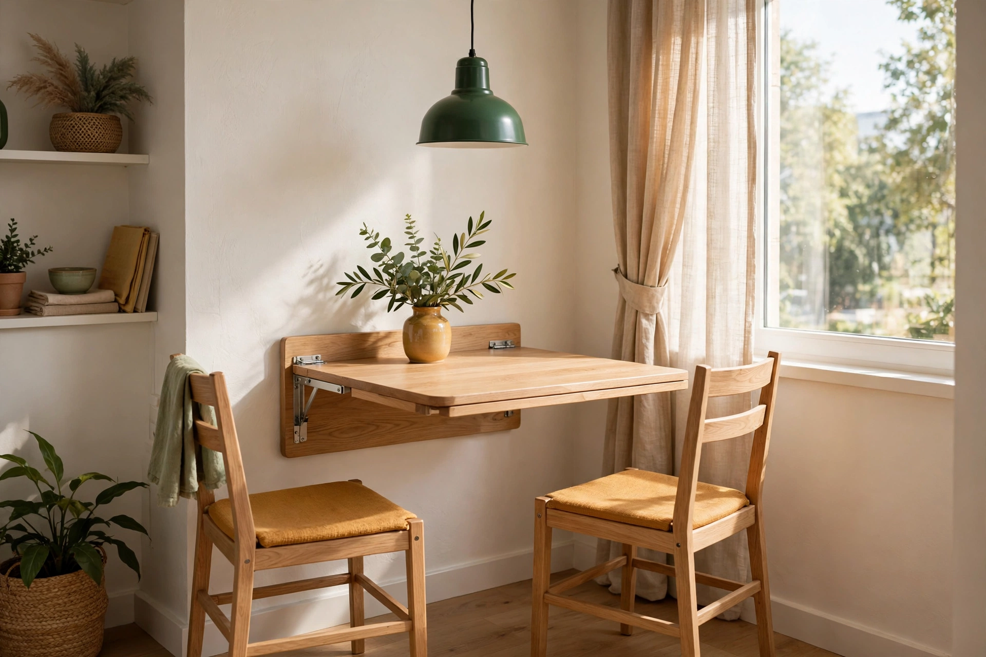 Fold-down wall dining table with two chairs in a compact sunlit studio apartment corner