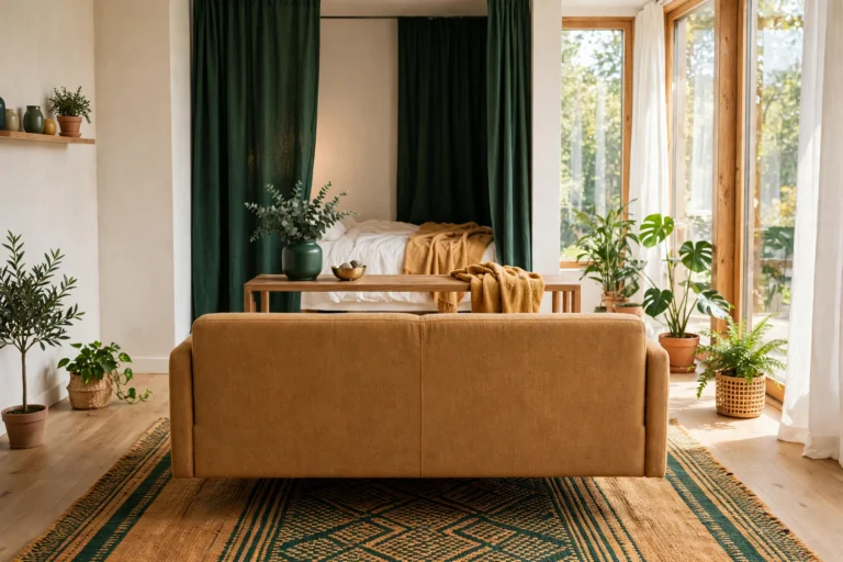 Bright studio apartment living zone with a floated honey-colored sofa, console table, and forest-green curtained sleep nook