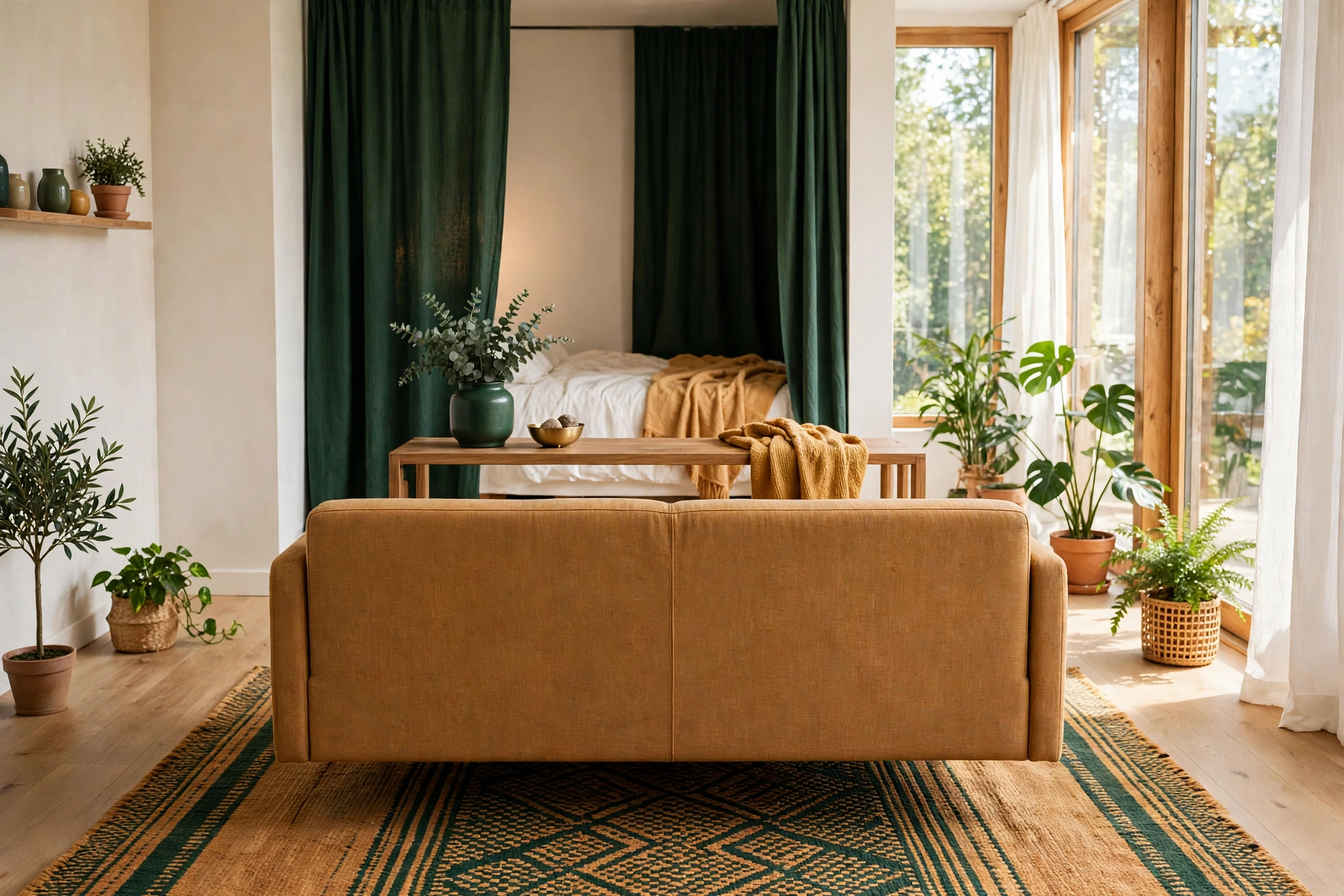 Bright studio apartment living zone with a floated honey-colored sofa, console table, and forest-green curtained sleep nook