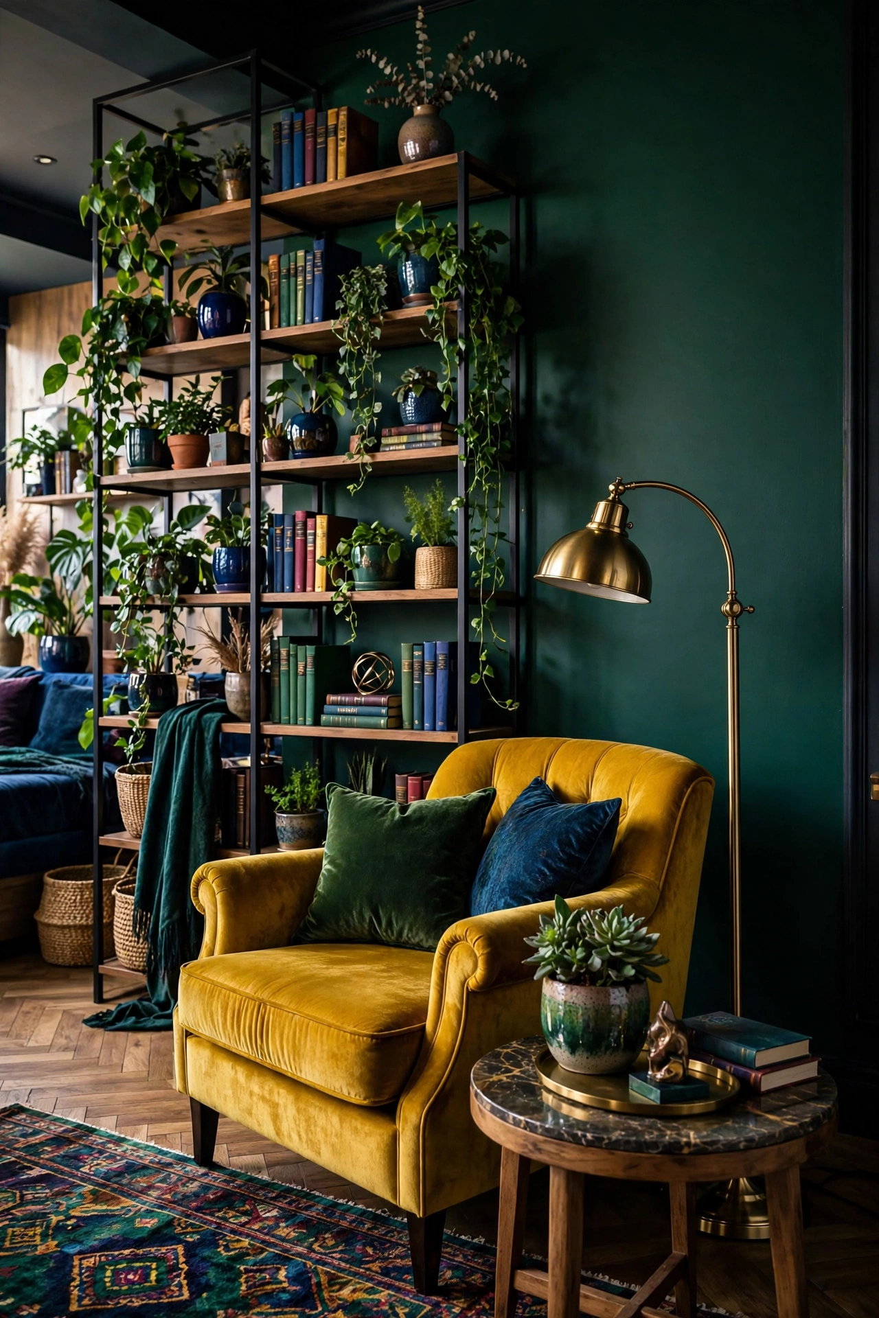 Bold forest-green and mustard-yellow studio apartment corner with velvet armchair and bookshelf divider