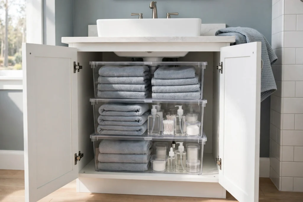 Stackable clear bins with lids organizing an under-sink bathroom vanity