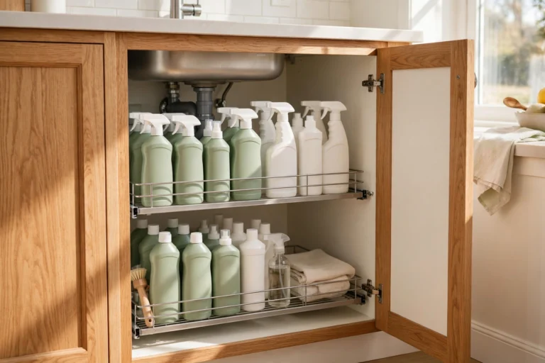 Organized under-sink kitchen cabinet with a two-tier pull-out shelf of cleaning bottles