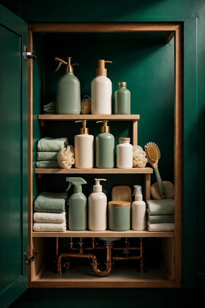 Bold vertical image: organized under-sink cabinet with sage green cleaning bottles