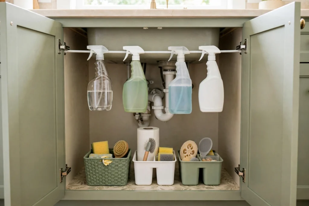 Tension rod holding spray bottles above cleaning caddies under a kitchen sink