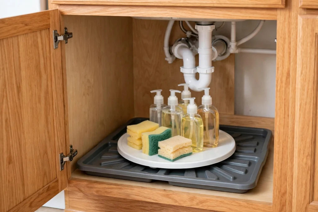 Lazy susan turntable with soap bottles on a drip tray under the sink