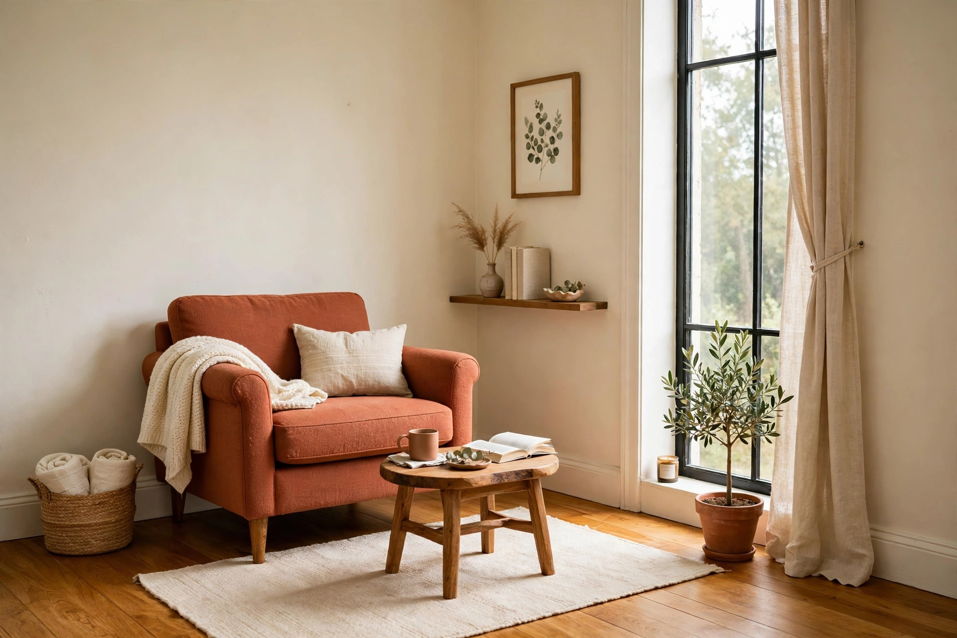 North-facing small living room painted in warm ivory with terracotta armchair and honey-oak floor