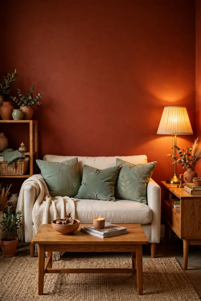Pinterest pin graphic: 7 best paint colors for north-facing rooms with a bold terracotta wall