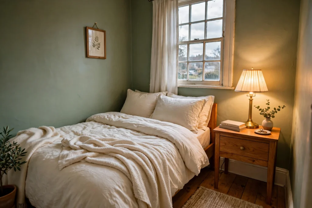 Small north-facing bedroom with warm sage-green walls, cream bedding, and a brass lamp