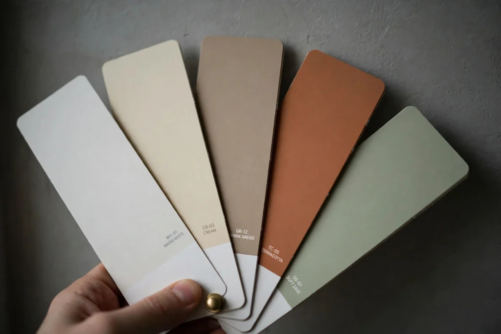 Paint color swatch fan deck in warm whites, creams, and terracotta tones against a gray north-facing wall
