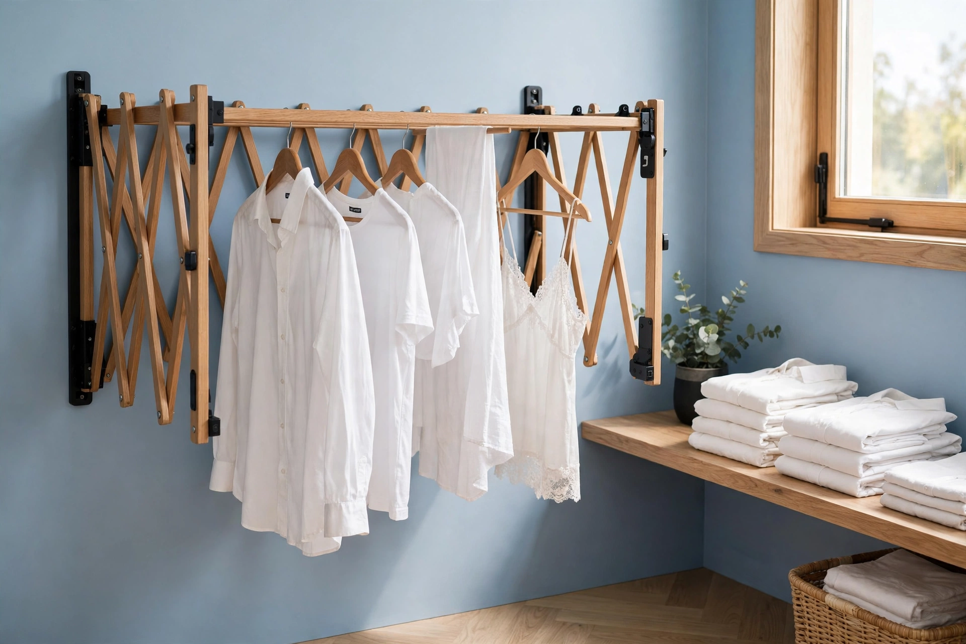 Wall-mounted accordion drying rack in a small laundry nook holding shirts and delicates, folded laundry nearby