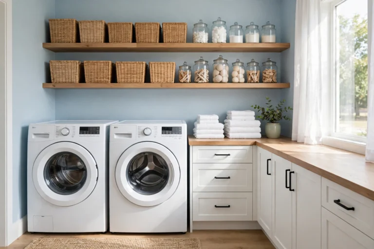 Bright laundry room with powder-blue walls, white machines and oak shelves