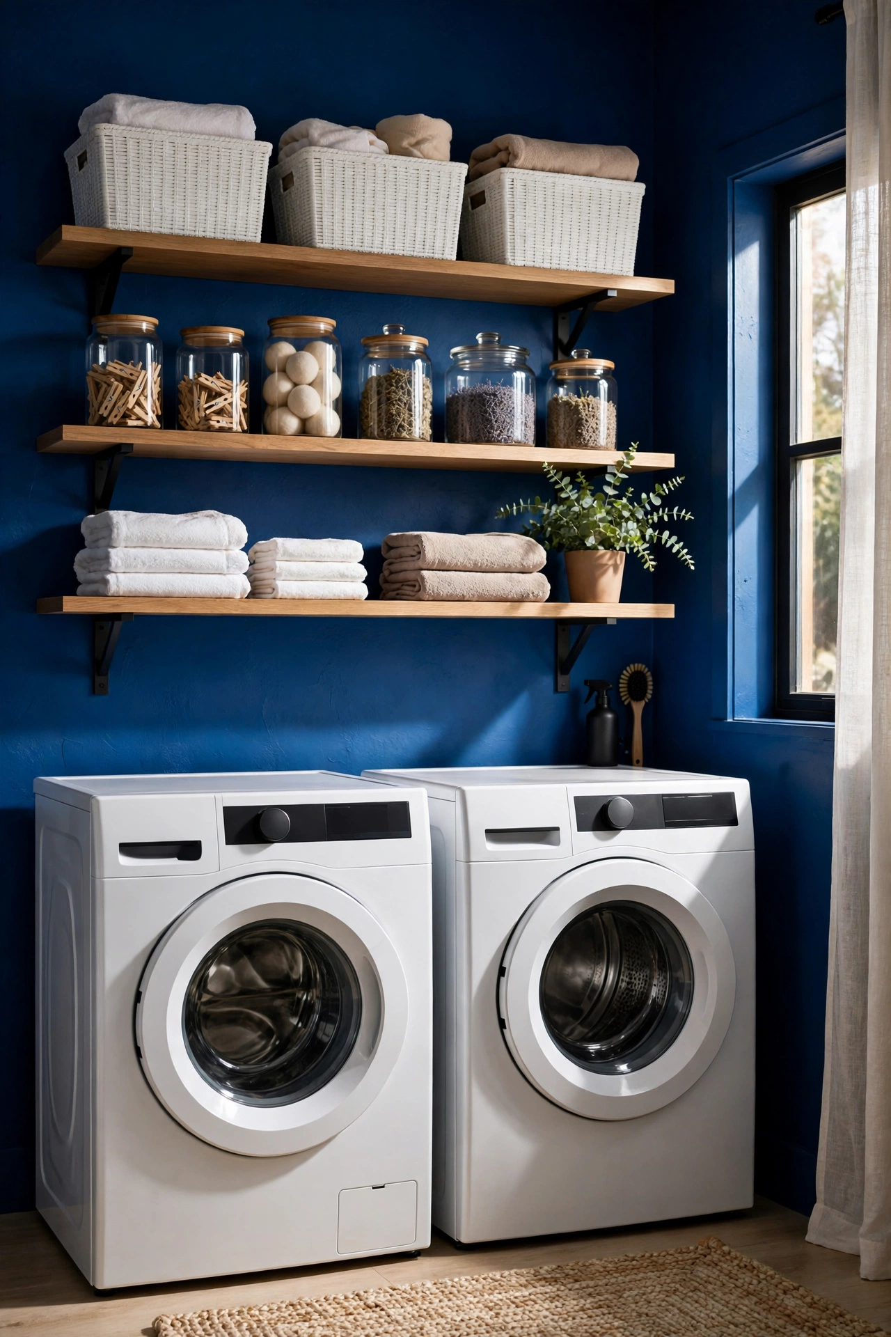 Bold cobalt-blue small laundry room with white machines and styled shelves — small laundry room organization ideas