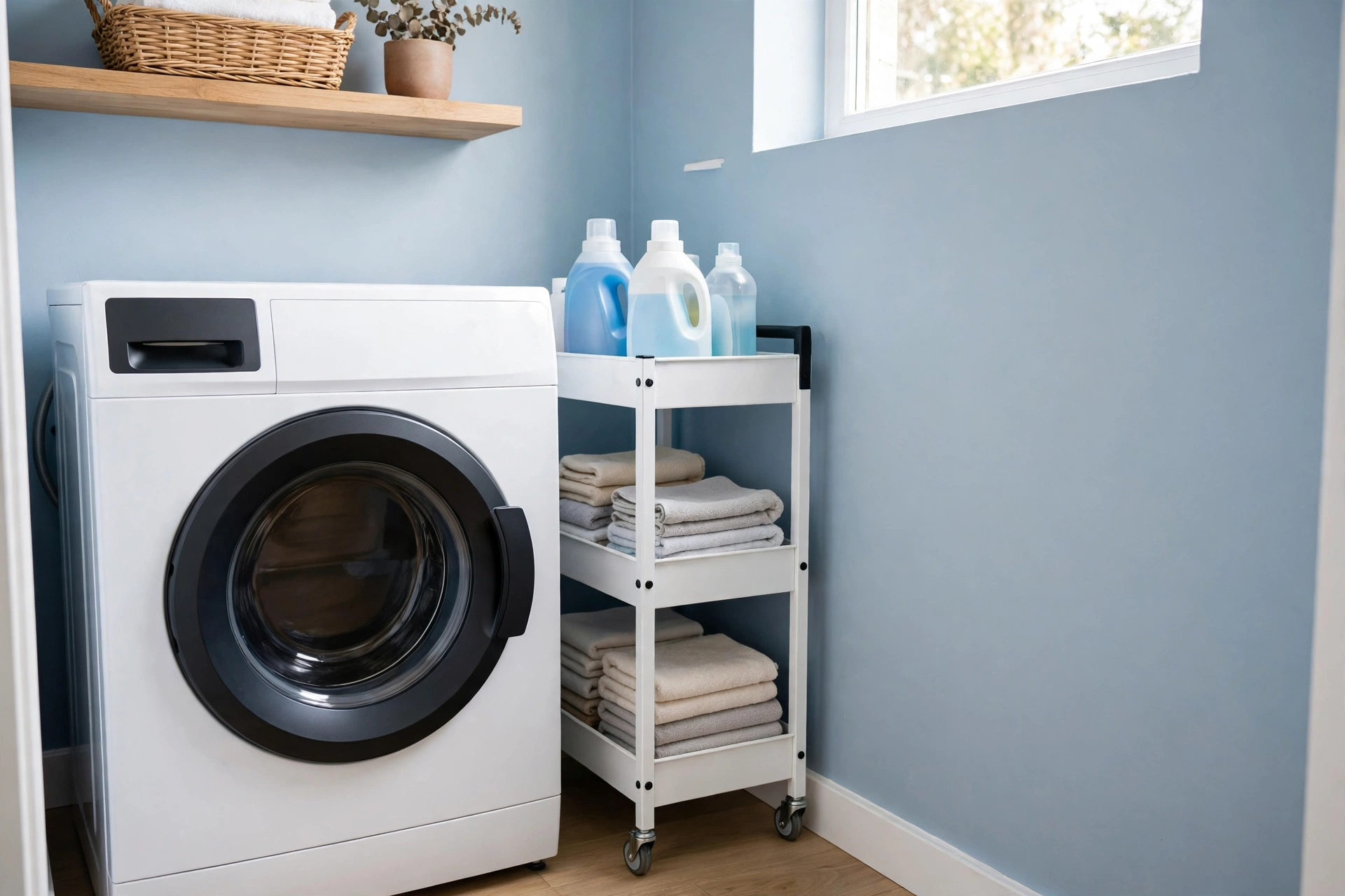 Slim white three-tier rolling cart in the 6-inch gap beside a washing machine holding laundry detergent bottles