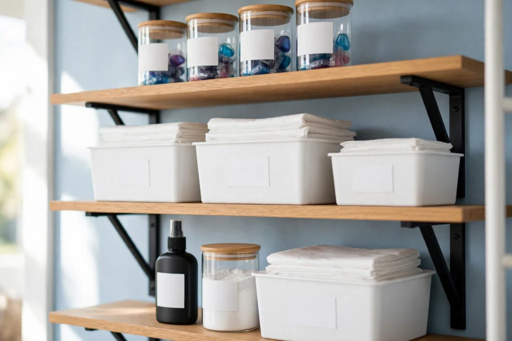 Labeled clear jars and bins of laundry supplies — detergent pods, dryer sheets and stain remover — on an oak shelf