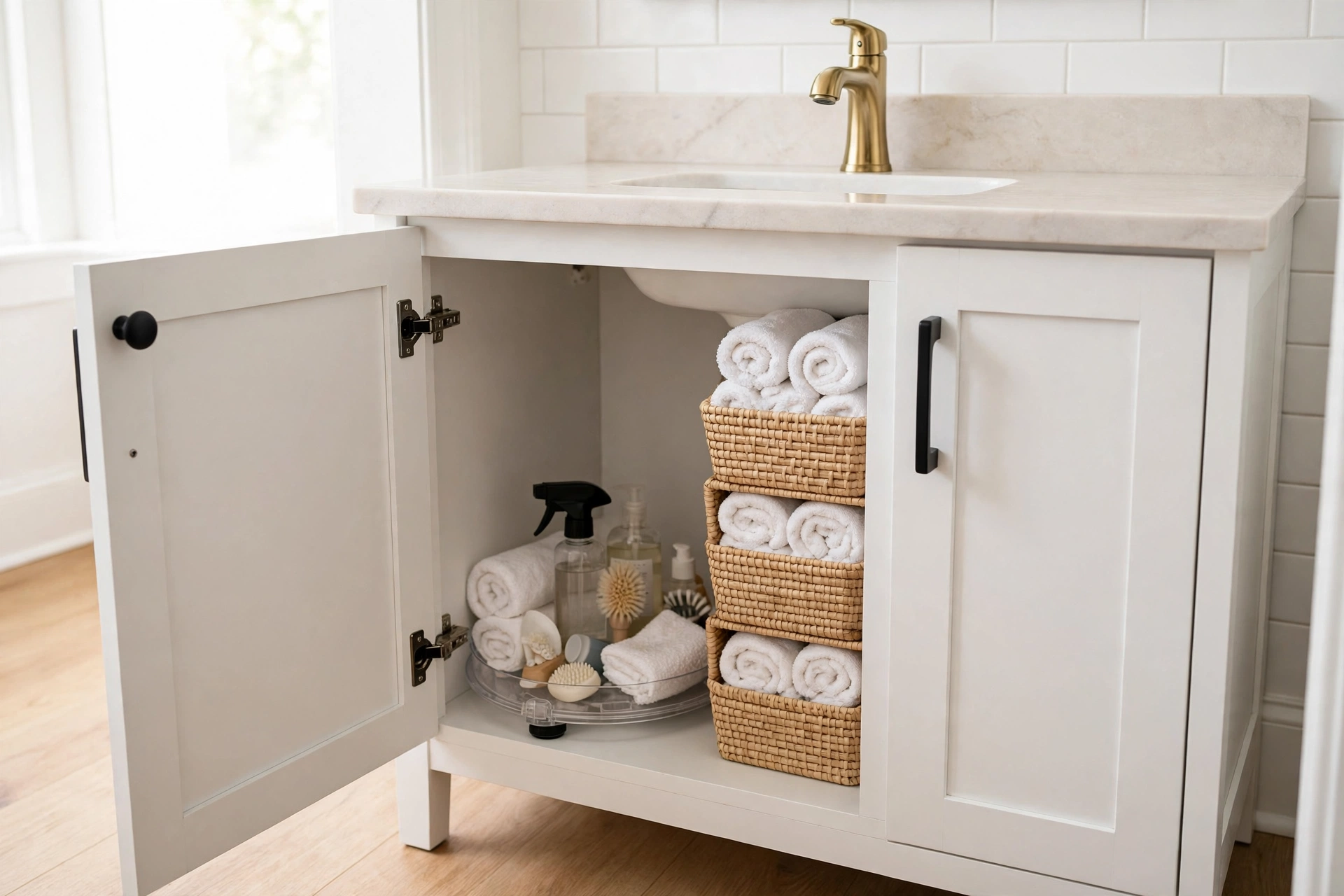 Bathroom vanity with new matte black knobs and organized under-sink bins and turntable