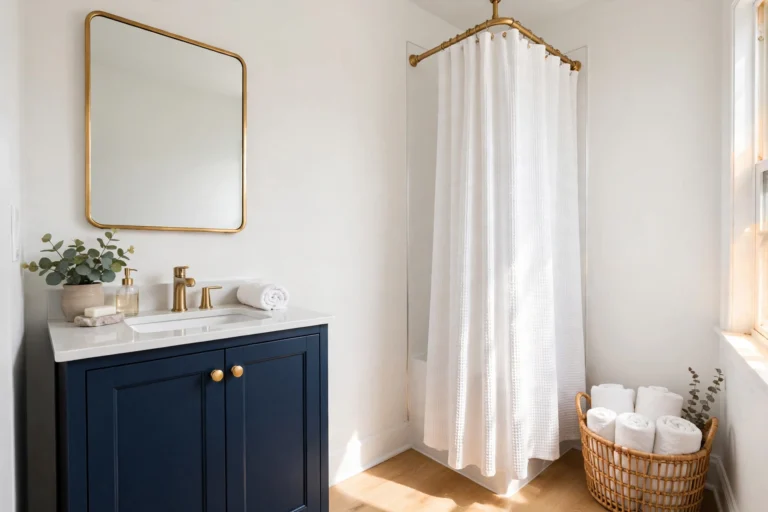 Bright small bathroom makeover with navy vanity, brushed gold knobs and white shower curtain