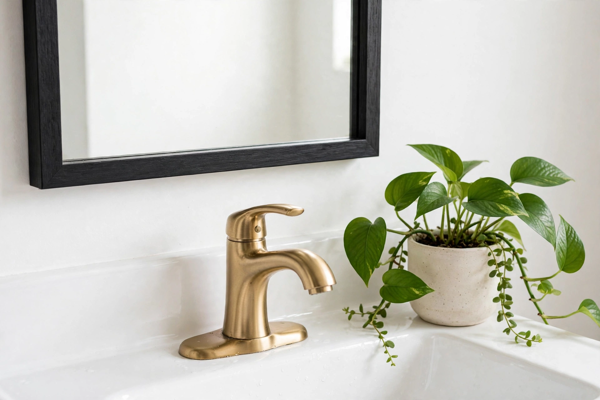 Framed bathroom mirror with matte black wood trim above a white vanity sink