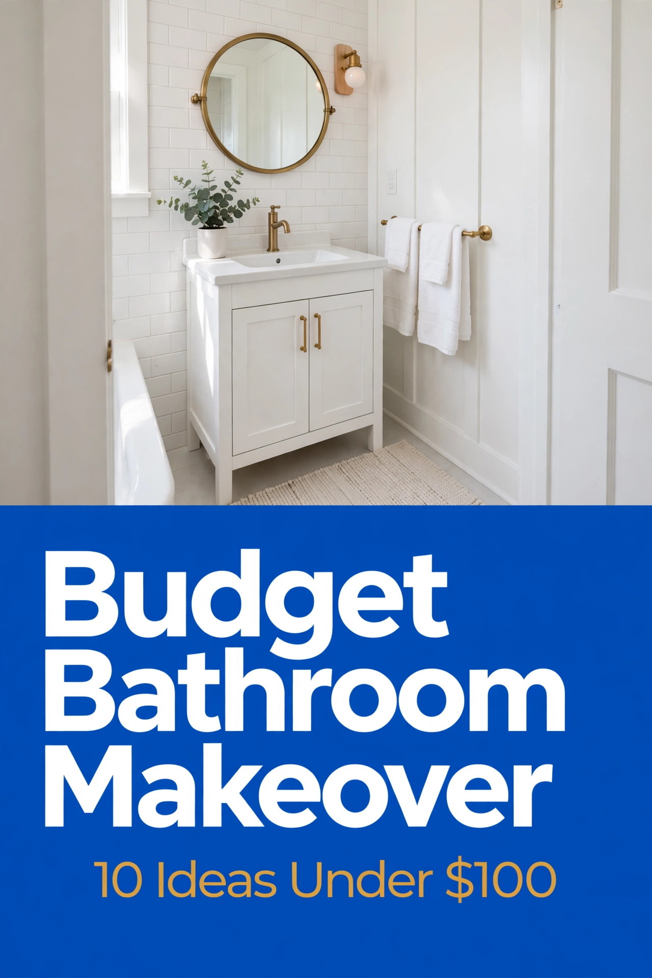 Budget bathroom makeover under 100 dollars, 10 ideas, navy and gold bathroom pin