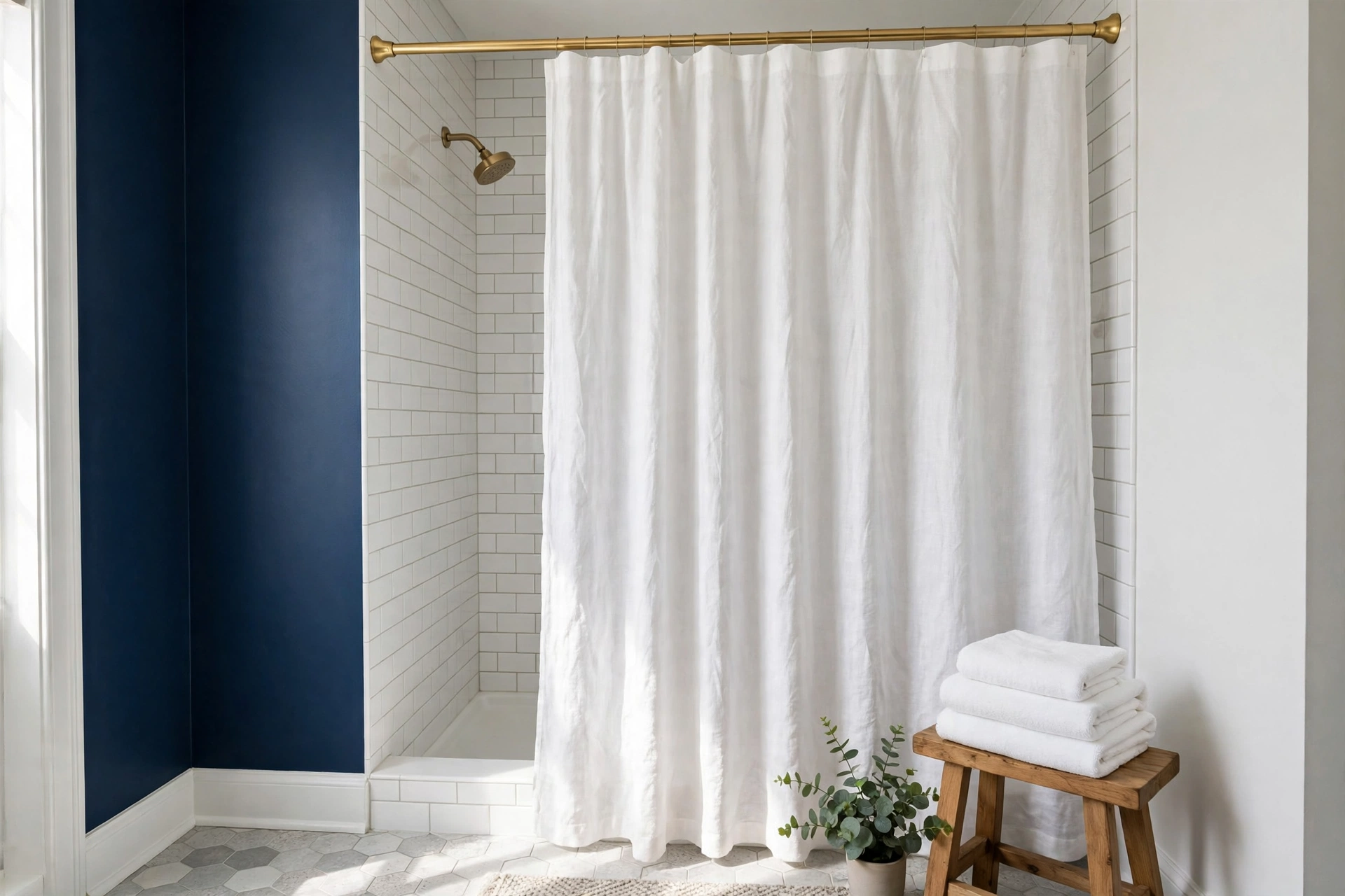 White linen-look shower curtain hung high on a brushed gold rod in a small navy bathroom