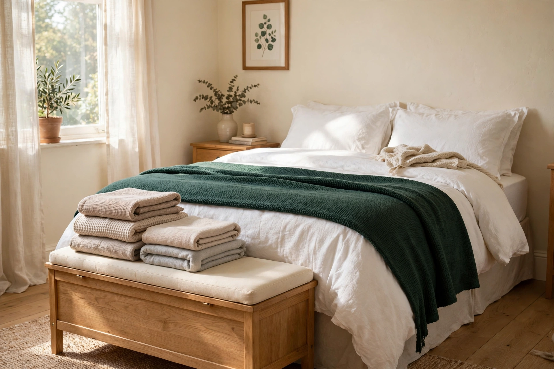 Light oak storage bench with cream cushion and folded blankets at the foot of a bed