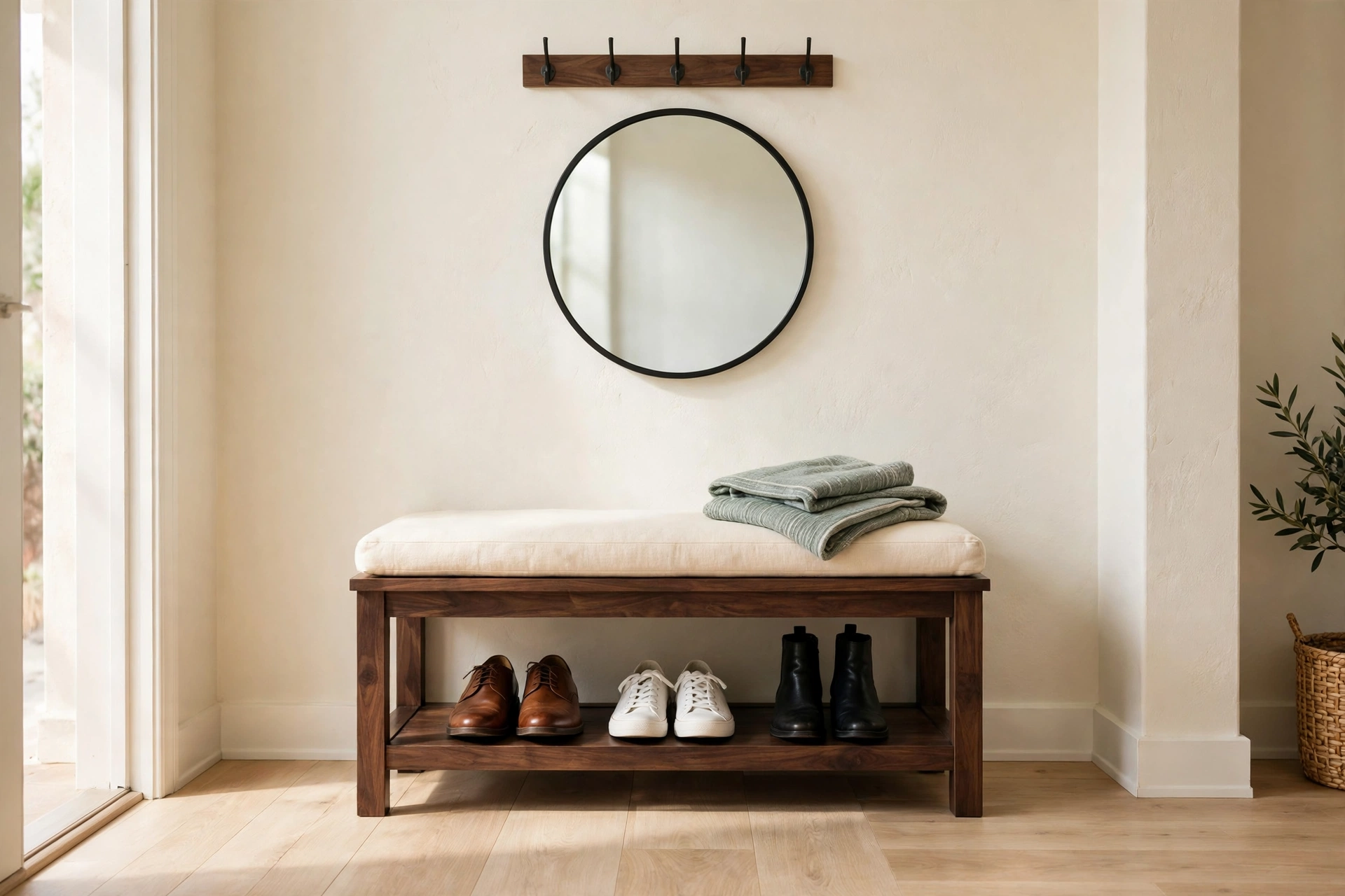 Dark walnut storage bench with shoes on the open lower shelf in a small entryway
