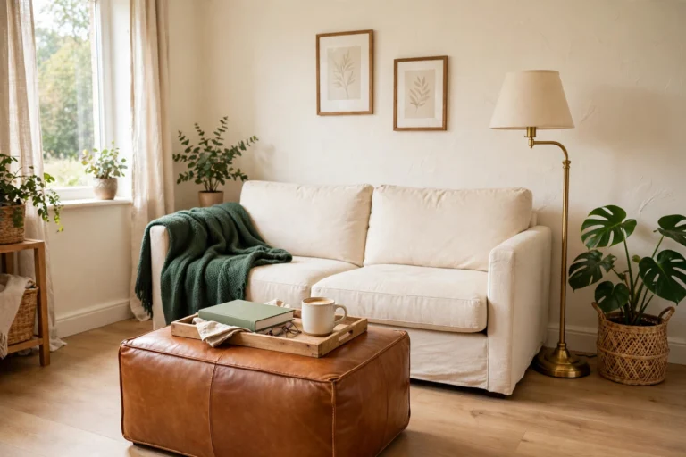 Cognac leather storage ottoman used as a coffee table with a wooden tray in a bright small living room
