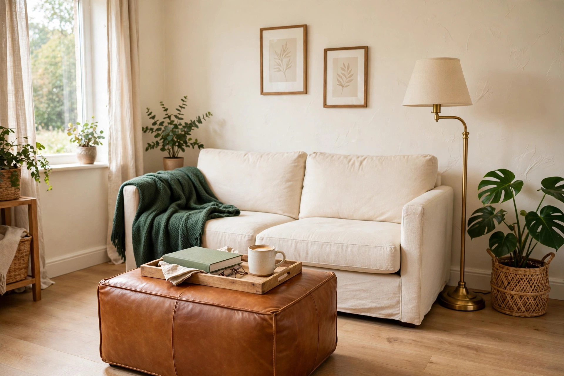 Cognac leather storage ottoman used as a coffee table with a wooden tray in a bright small living room