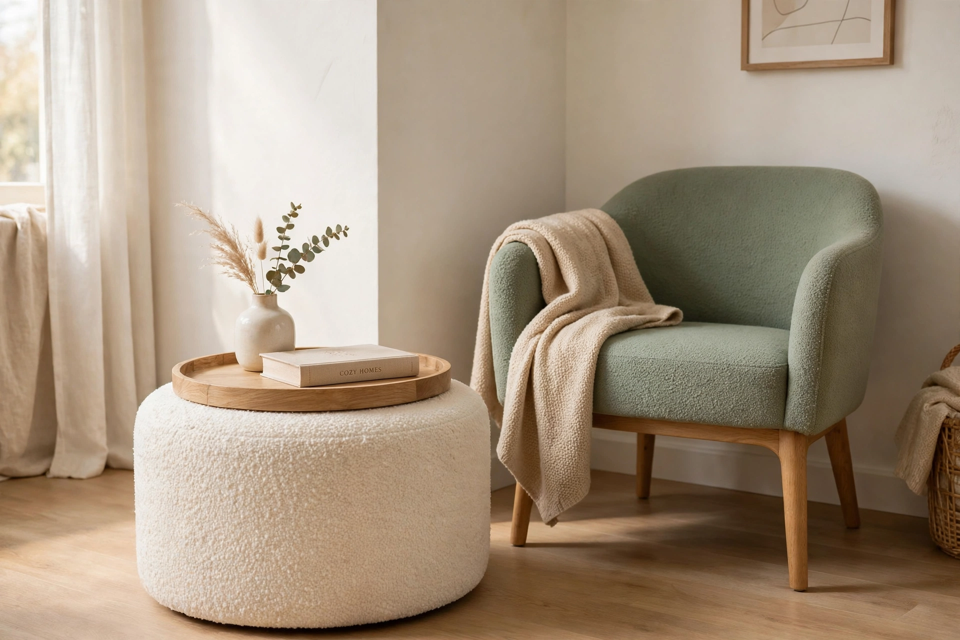 Round cream boucle storage ottoman with a wooden tray lid beside a sage green accent chair