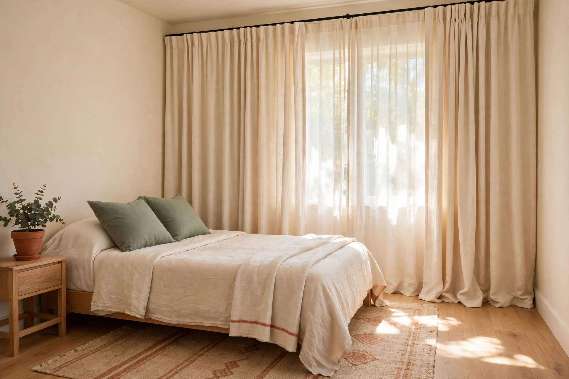 Floor-length curtains hung high and wide on a tension rod in a small rental bedroom