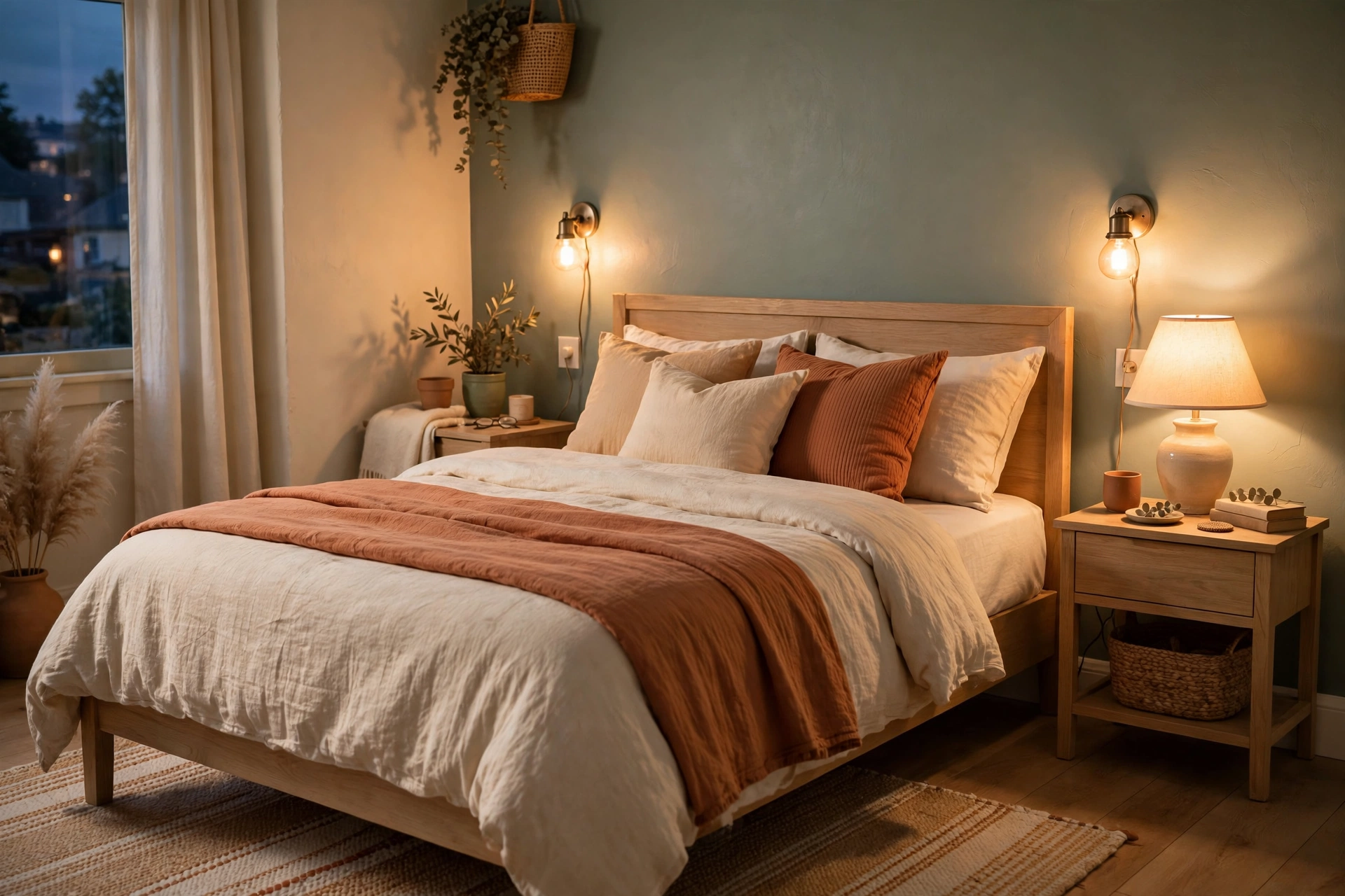 Warm 2700K plug-in sconce lighting beside a bed in a renter-friendly bedroom