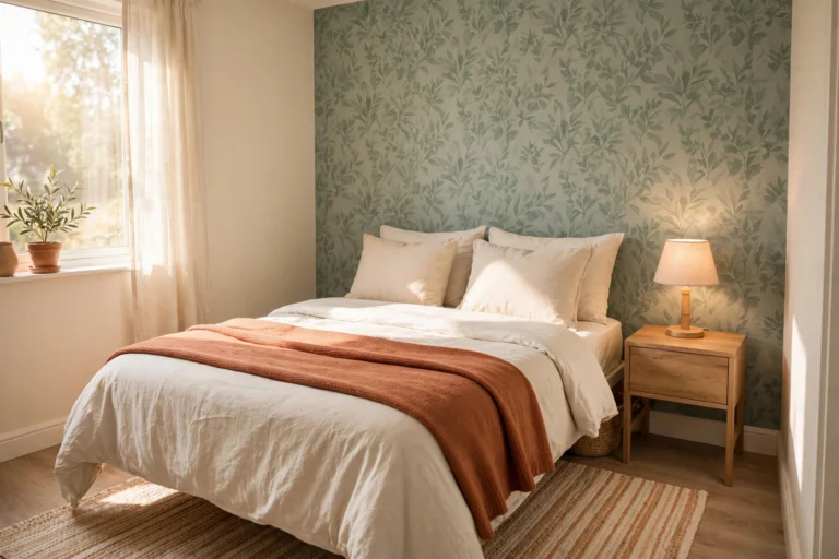 Renter-friendly bedroom with peel-and-stick wallpaper accent wall behind the bed, warm lighting and layered bedding
