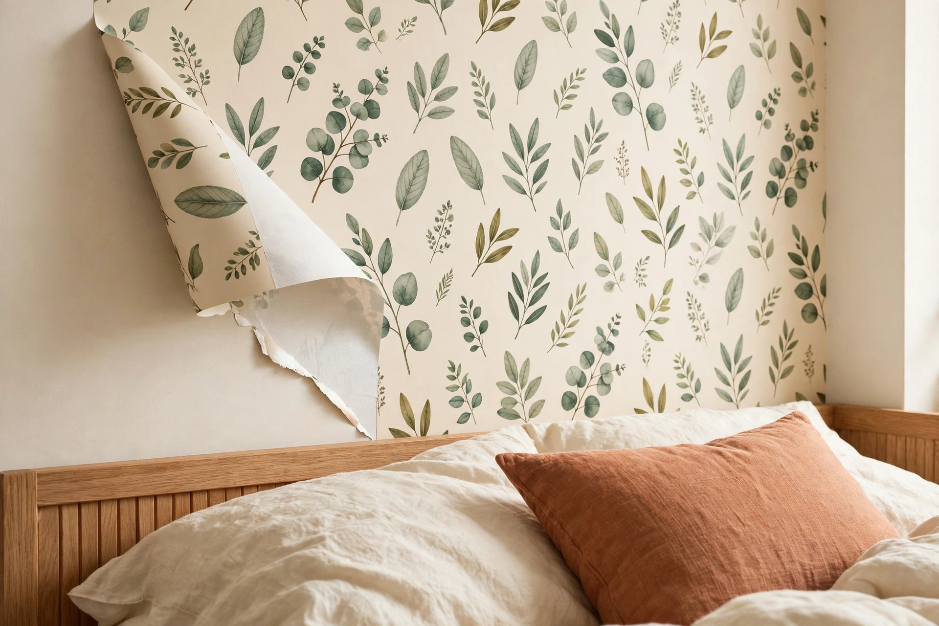 Renter friendly bedroom upgrades with a peel-and-stick wallpaper accent wall behind the bed