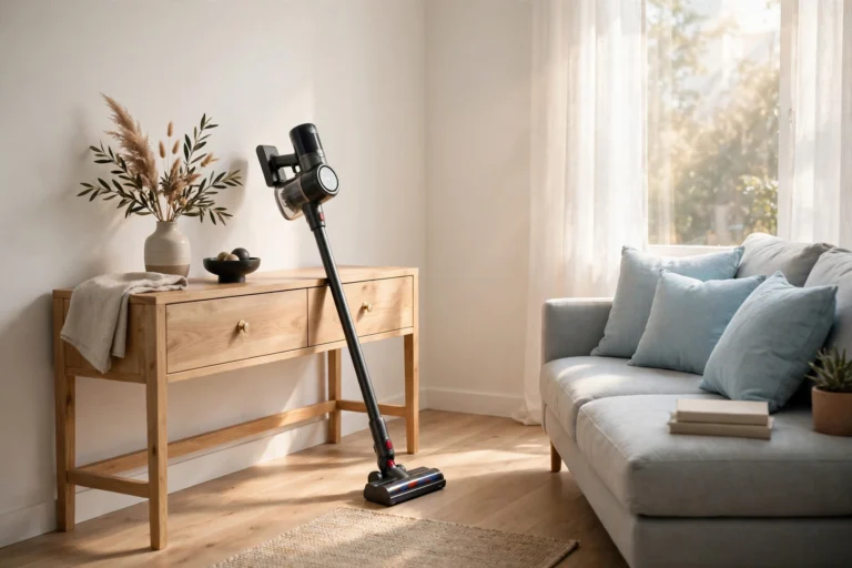 Slim cordless stick vacuum leaning against a light-oak console in a bright small apartment living room